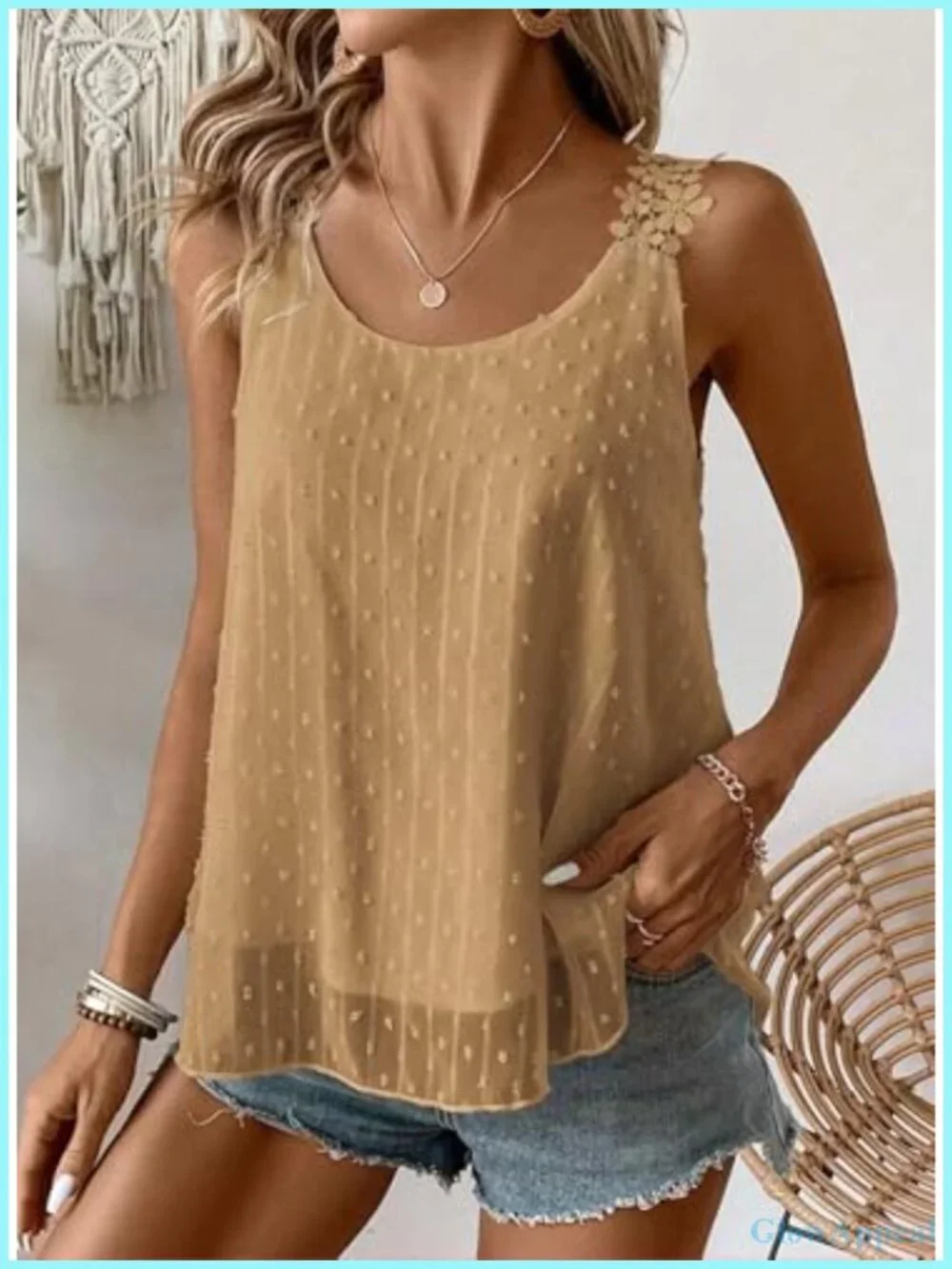 Sleeveless Crewneck Tank Top with Lace Trim and Swiss Dot Design